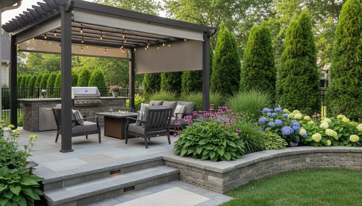 Backyard entertaining space with patio lighting and landscaping design by Chop Chop Landscaping in Omaha, NE