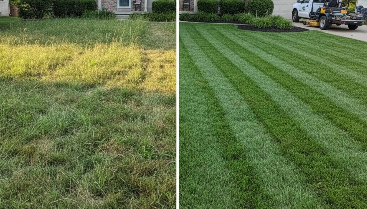 Before and after lawn mowing comparison by Chop Chop Landscaping in Omaha, NE showing full yard transformation