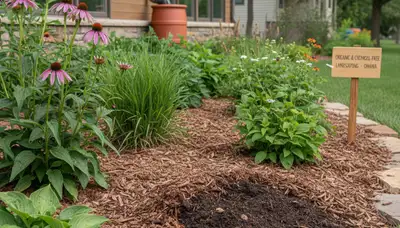 Organic landscape beds with natural mulch and native plants in Omaha, NE by Chop Chop Landscaping