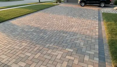 Completed interlocking paver driveway installation by professional landscapers in Omaha, NE