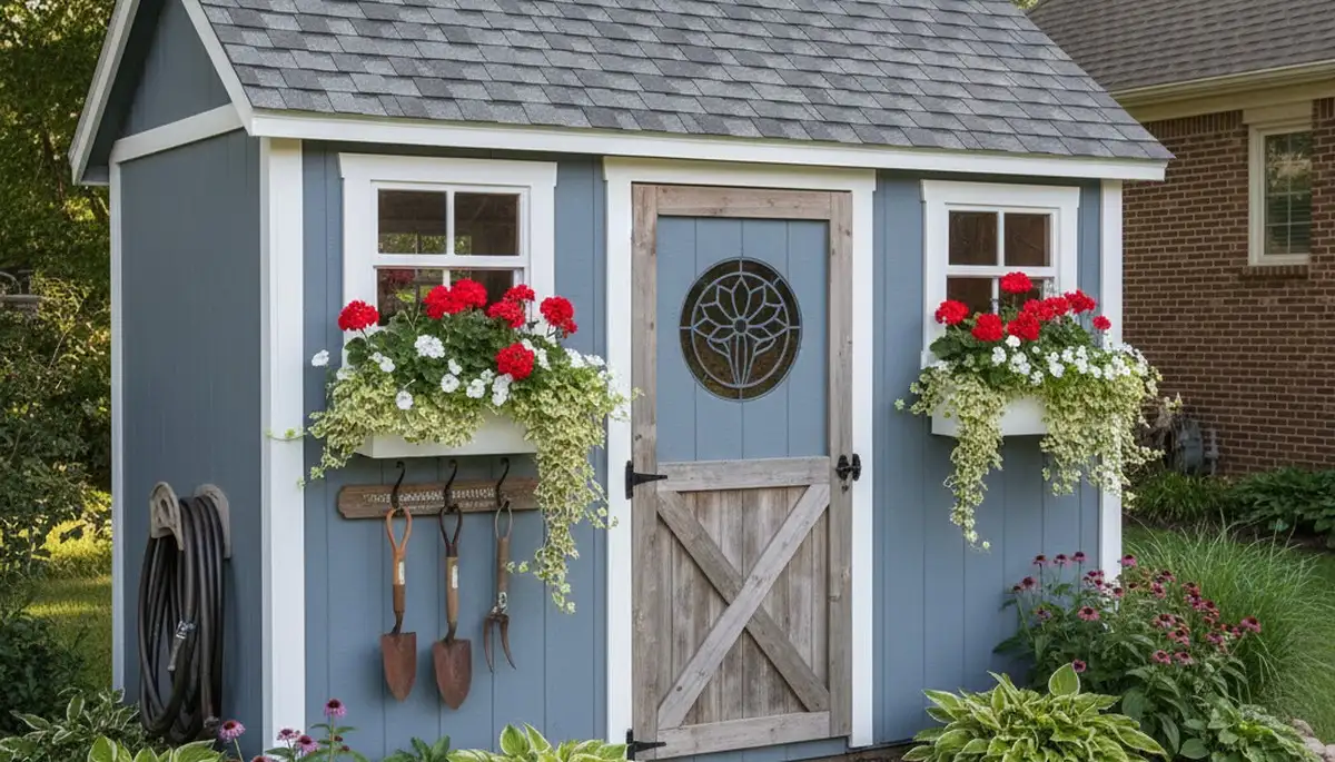 Decorative garden shed with custom landscaping design in Omaha, NE by Chop Chop Landscaping