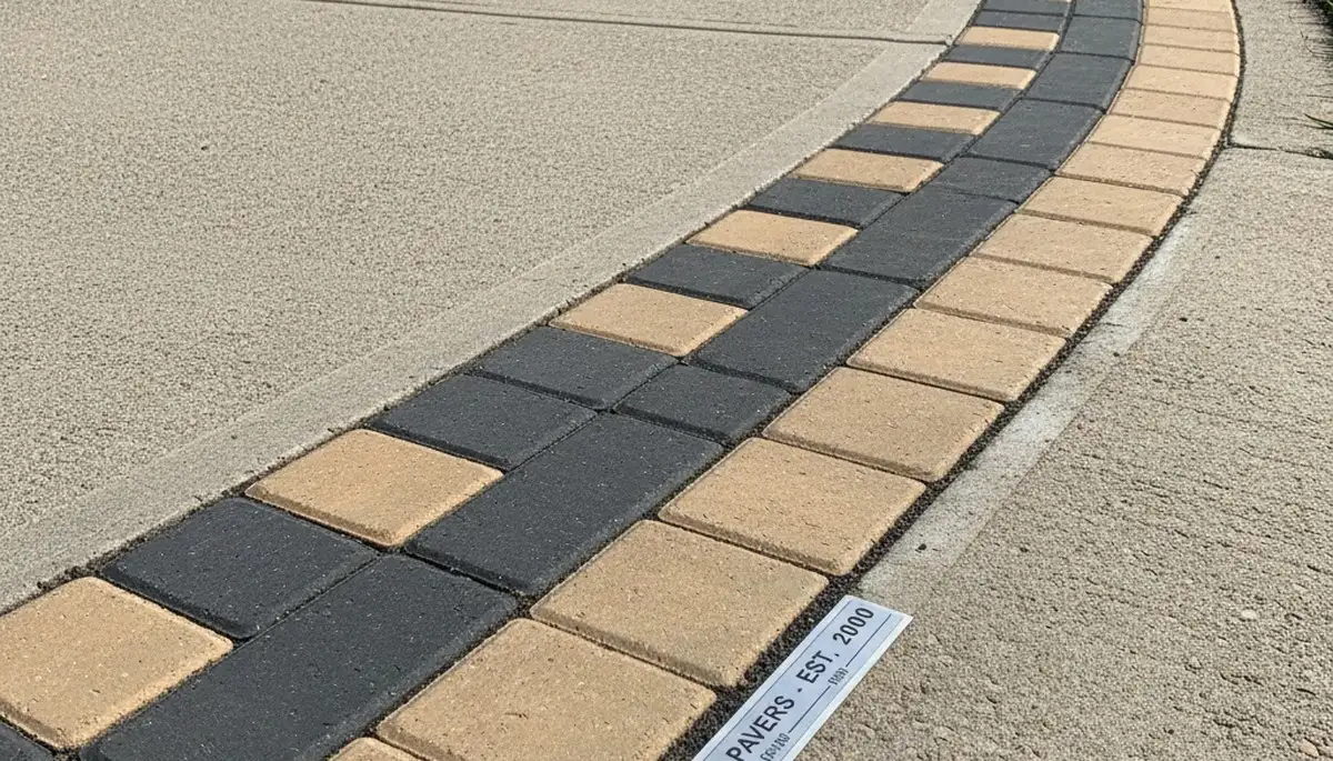 Close-up of decorative soldier course paver border by driveway paver experts in Omaha, NE