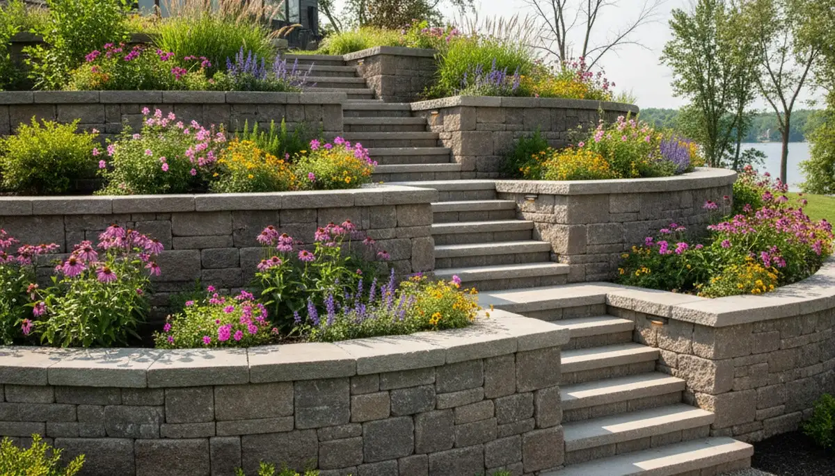 Decorative stone retaining wall with tiered plantings in Carter Lake, IA by Omaha landscaping experts