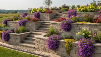 Custom stone retaining wall with tiered plantings and lighting in Council Bluffs IA landscaping design