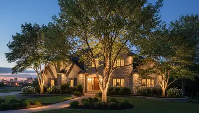 Dramatic tree uplighting by professional landscape lighting experts in Omaha, NE