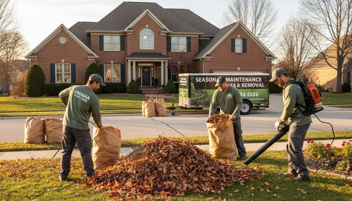 Technicians raking and bagging fall leaves during yard clean up in Omaha, NE by Chop Chop Landscaping