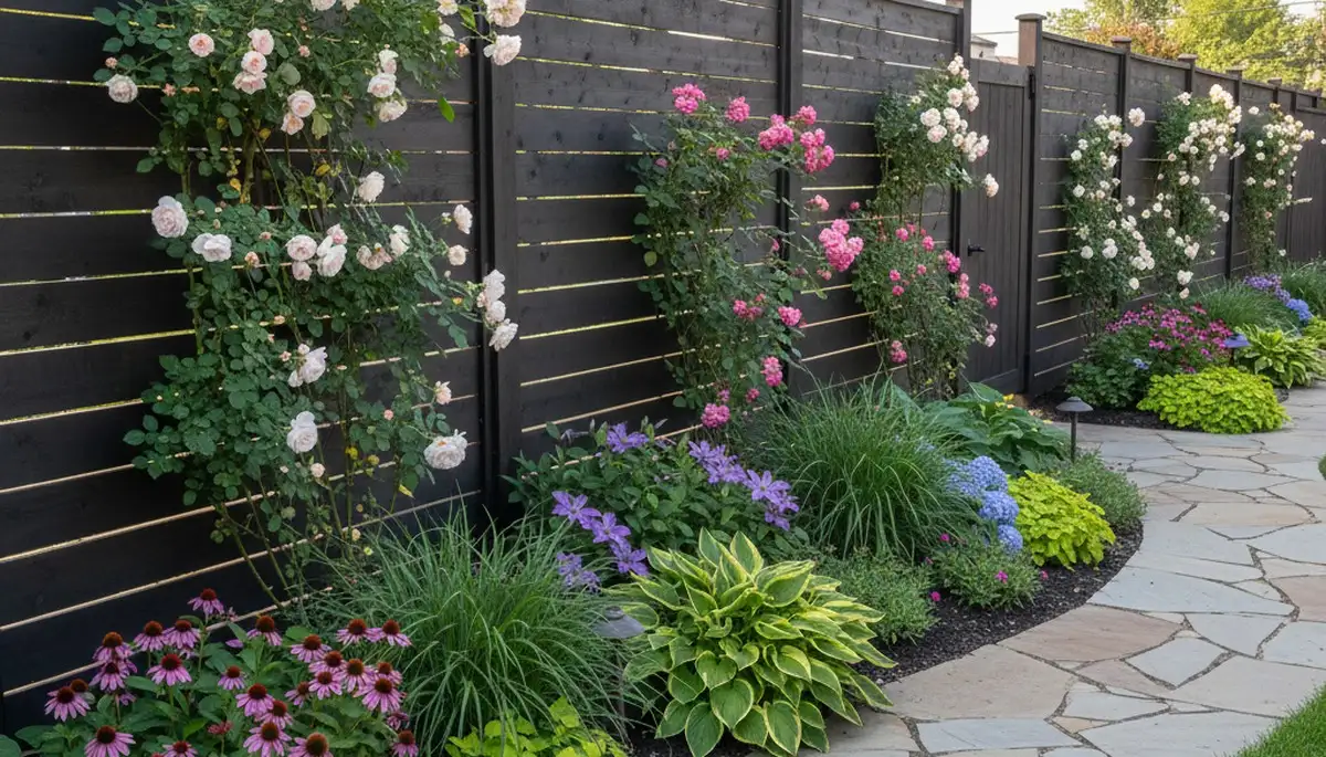 Decorative garden fence with climbing plants by Chop Chop Landscaping in Omaha, NE