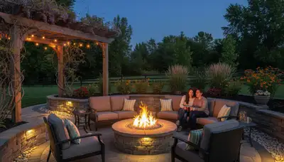 Fire pit patio with paver seating and native plants by Omaha landscaping experts in Carter Lake, IA