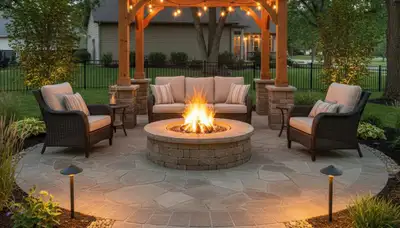 Fire pit patio with circular seating and native plants in Council Bluffs IA by Omaha NE landscaping experts
