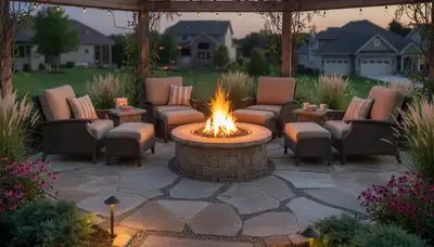 Custom fire pit patio with paver seating and lighting by Omaha landscapers in Crescent, IA backyard