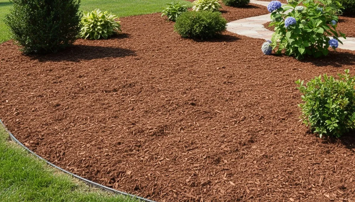 Fresh mulch installation with rich color and clean edges by Omaha, NE landscaping professionals