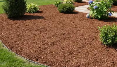 Fresh mulch installation with rich color and clean edges by Omaha, NE landscaping professionals