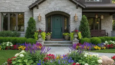 Front yard landscape design with colorful flowers and shrubs enhancing curb appeal in Omaha, NE