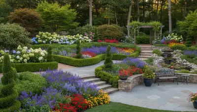 Full property landscape with layered plantings and hardscape design by Chop Chop Landscaping Omaha NE