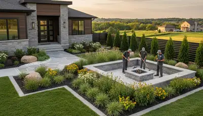 Landscaping crew providing lawn care and yard maintenance in Omaha, NE