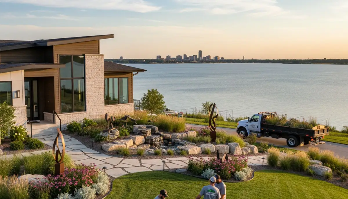 Landscaping crew providing lawn care services in Omaha, NE