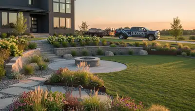 Landscaping crew servicing Omaha, NE residential yard with professional lawn care and landscape maintenance