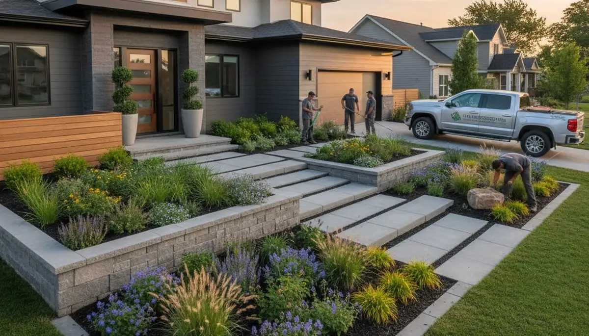 Landscaping crew providing lawn care services in Omaha, NE