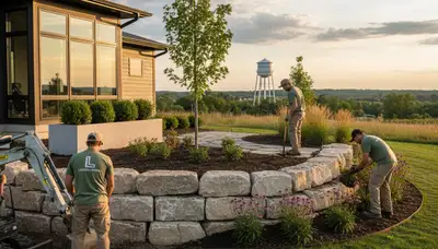 Landscaping crew providing lawn care and yard maintenance in Omaha, NE