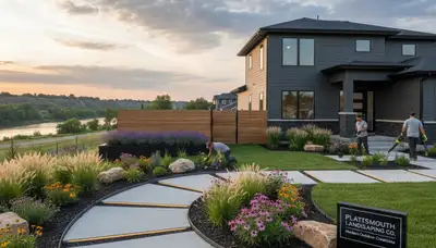 Landscaping crew servicing Omaha, NE residential yard maintenance and lawn care