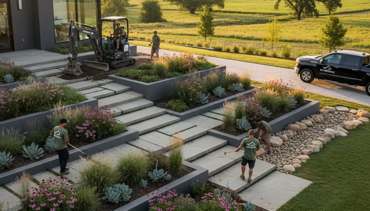 Landscaping crew serving Omaha, NE with professional lawn care and outdoor property maintenance