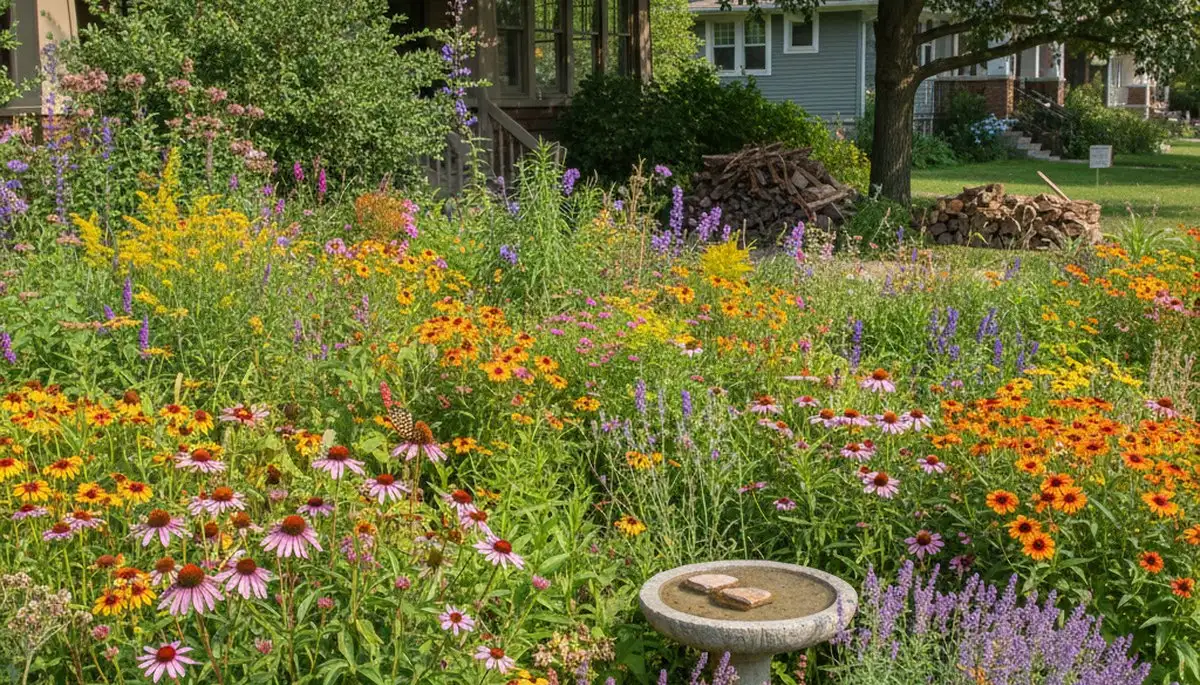 Native pollinator garden with bee-friendly flowers and butterflies by organic landscapers in Omaha, NE