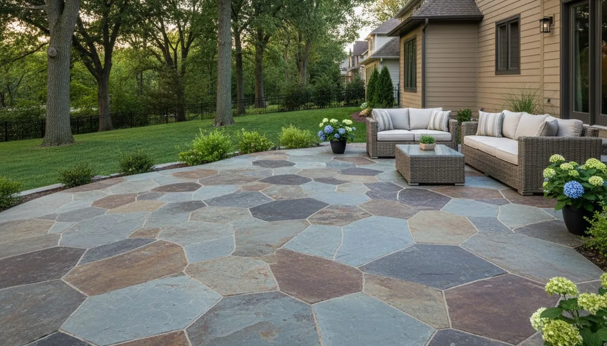 Flagstone patio installation with natural stone pavers by landscaping experts in Omaha, NE