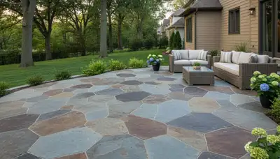Flagstone patio installation with natural stone pavers by landscaping experts in Omaha, NE