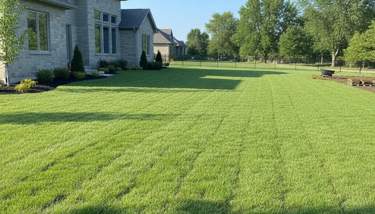 Freshly installed vibrant green sod lawn by professional landscapers in Omaha, NE