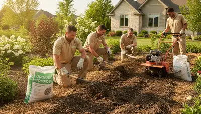 Technicians applying organic compost and natural fertilizers to enrich Omaha, NE landscape soil