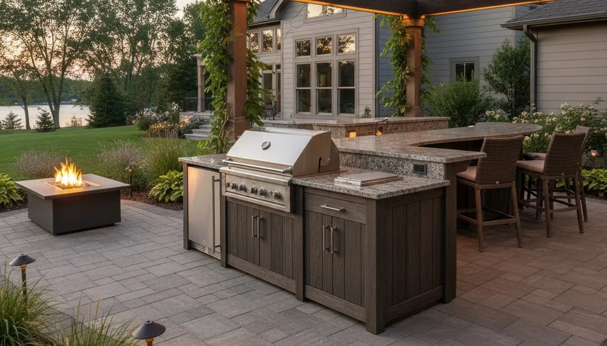 Luxury outdoor kitchen with granite countertops and pergola by Omaha landscapers in Carter Lake, IA