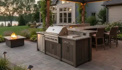 Luxury outdoor kitchen with granite countertops and pergola by Omaha landscapers in Carter Lake, IA