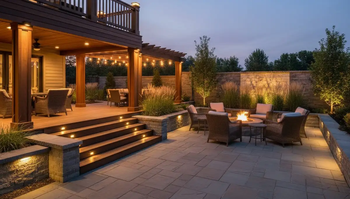Deck and patio with professional landscape lighting in Omaha, NE highlighting post cap and step lights