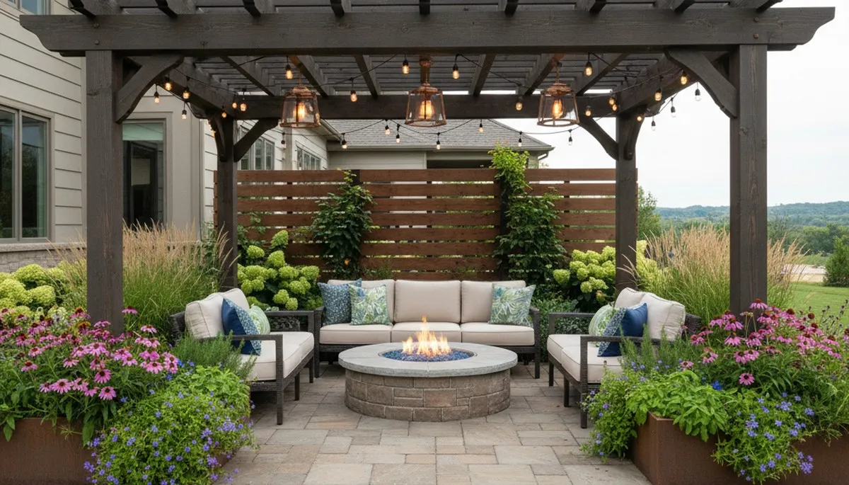 Interlocking paver patio with pergola and lighting in a Council Bluffs IA backyard by Omaha landscaping pros