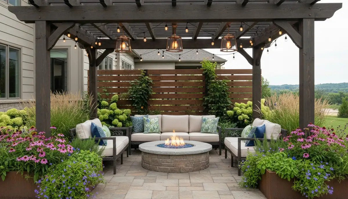 Interlocking paver patio with pergola and lighting in a Council Bluffs IA backyard by Omaha landscaping pros