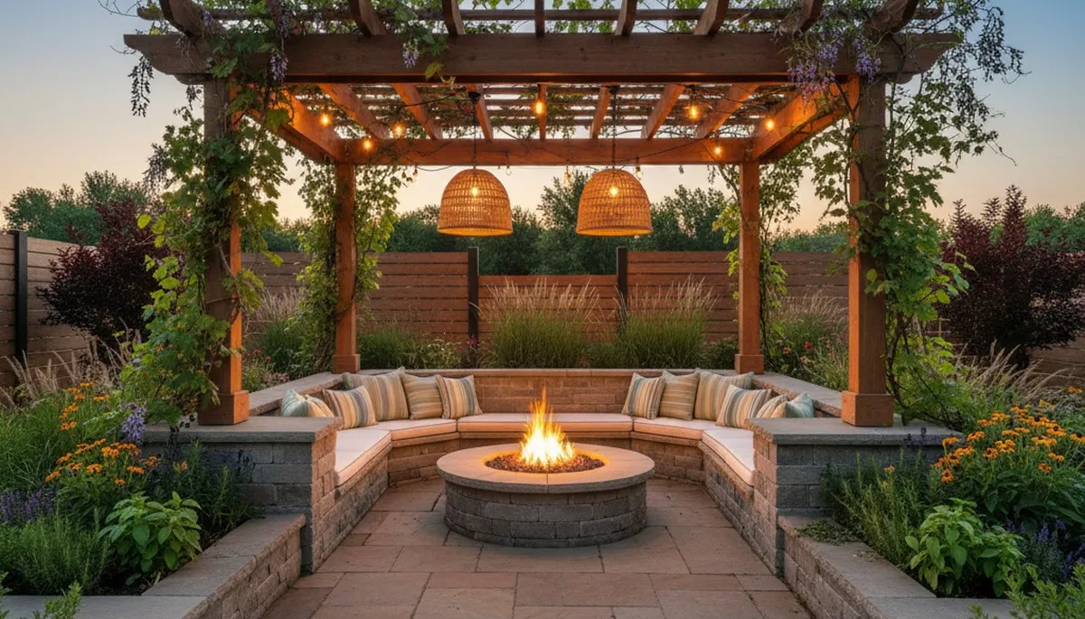 Premium paver patio with pergola and lighting in Crescent, IA by Omaha landscaping experts