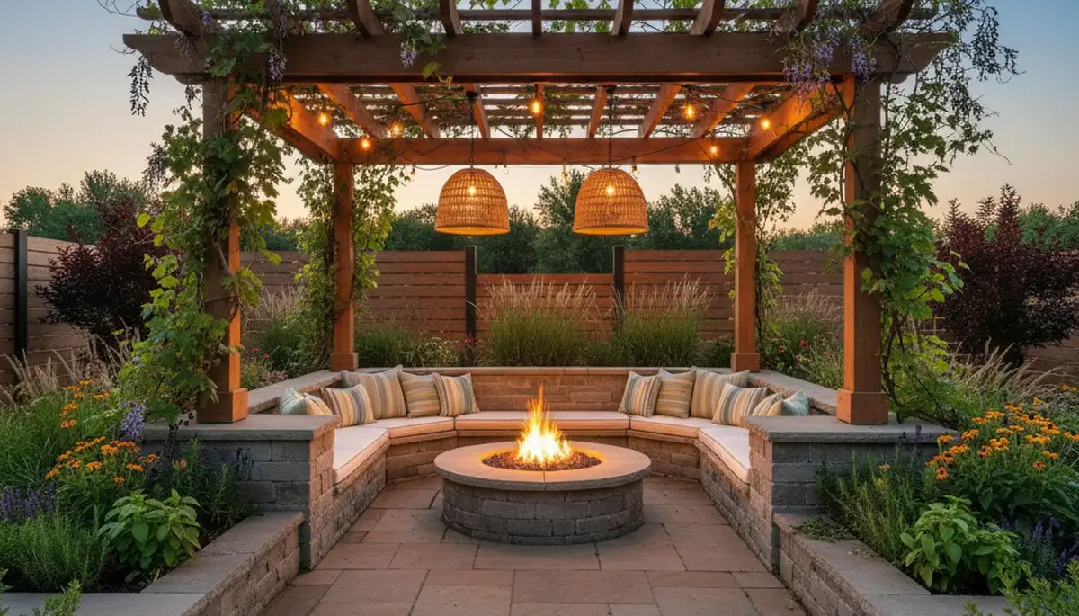 Premium paver patio with pergola and lighting in Crescent, IA by Omaha landscaping experts