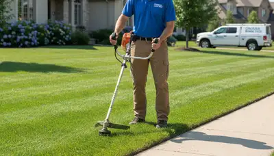 Technician performing precise lawn edging with trimmer, professional landscaping Omaha, NE