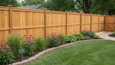 White wooden privacy fence installation by Chop Chop Landscaping in Omaha, NE residential yard