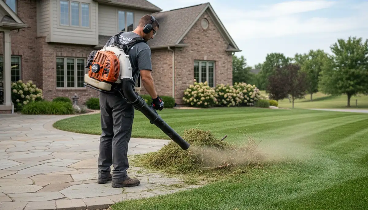 Technician using leaf blower for professional lawn cleanup and debris removal in Omaha, NE