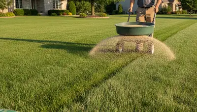 Lawn care technician applying fertilizer with broadcast spreader on residential lawn in Omaha, NE