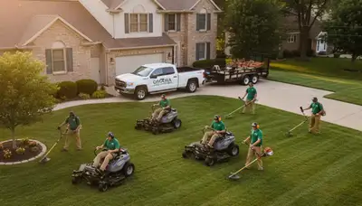 Professional lawn maintenance crew mowing and edging a residential yard in Omaha, NE