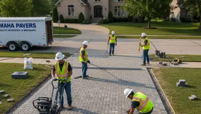 Professional crew installing driveway pavers in Omaha NE with precise base prep and leveling work