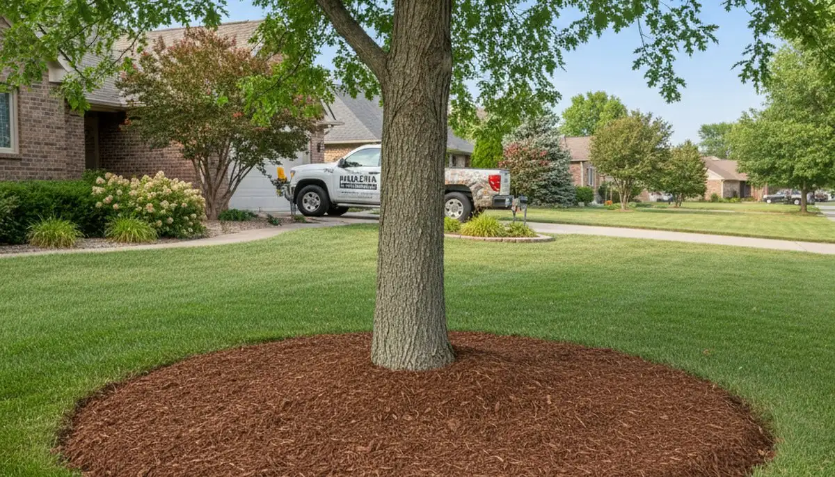 Professional tree ring mulching around tree base in Omaha, NE by Chop Chop Landscaping