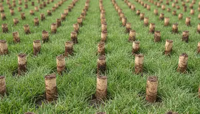 Close-up of soil core plugs from lawn aeration on Omaha, NE lawn by Chop Chop Landscaping