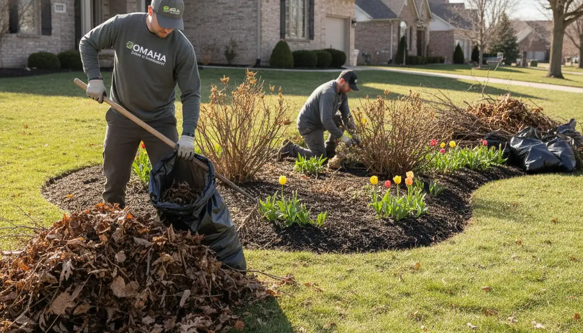 Spring yard cleanup in Omaha NE with landscapers clearing debris and pruning for seasonal property refresh