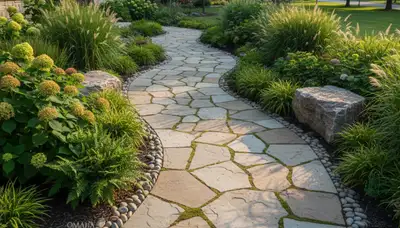 Curved stone paver walkway in Omaha, NE showcasing professional landscaping and durable outdoor design