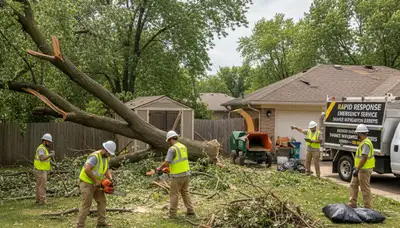 Storm damage cleanup and branch removal by landscaping crew in Omaha, NE yard