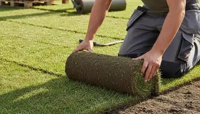 Professional landscaper laying sod rolls with precise seams in Omaha, NE lawn installation