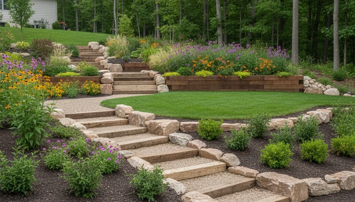 Terraced garden with timber steps and native plants on sloped yard in Crescent, IA by Omaha landscapers